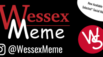 Title card announcing the launch of Wessex Meme on Instagram. A large version of the full-text Wessex Scene Logo takes up the top left except "Scene" has been replaced with "Meme" using Comic Sans font. Below the logo is an Instagram glyph with "@WessexMeme" beside it. Top right is a little slanted blob with the text "Now Available at Selected* Social medias! *Only one" with the "only one" disclaimer in much smaller font. Bottom right is a wonky version of the Wessex Scene circular glyph logo with the font changed to Comic Sans.