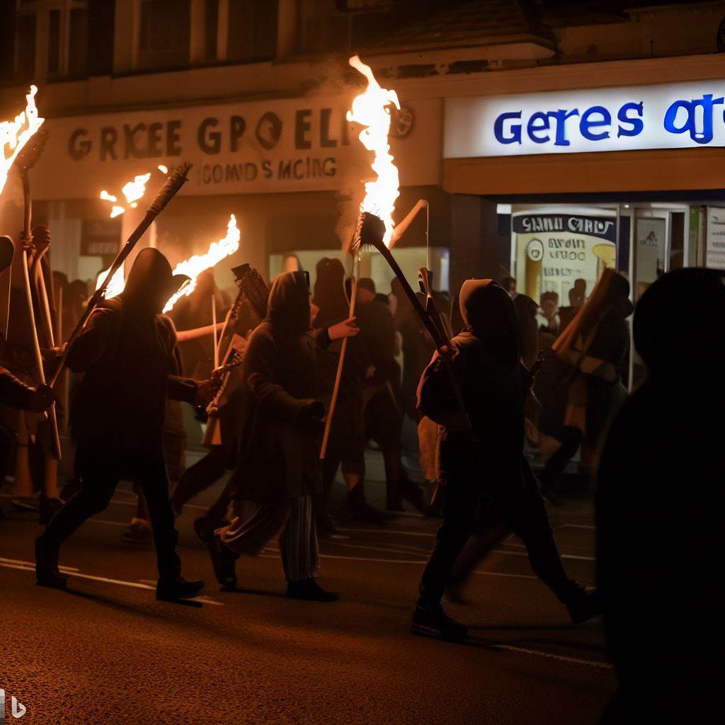 An AI-Generated image that's supposed to show protestors outside a branch of Greggs; it's nighttime and a group of hooded people are outside 'Geres' as the AI has written instead of Greggs, many of the protestors carry burning torches.