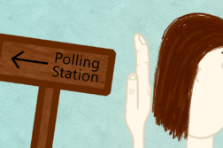 A wooden sign saying "polling station" points to the left, a disgruntled looking head faces to the right, the person's hand is held up to the sign.