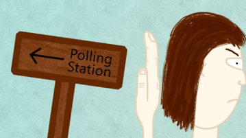 A wooden sign saying "polling station" points to the left, a disgruntled looking head faces to the right, the person's hand is held up to the sign.