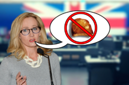 J.K. Rowling at the forefront of a TV newsroom. Her facial expression has been edited to look somewhere between confused and concerned. A speech bubble depicts a slice of toast in a red circle with a line through it.