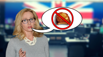 J.K. Rowling at the forefront of a TV newsroom. Her facial expression has been edited to look somewhere between confused and concerned. A speech bubble depicts a slice of toast in a red circle with a line through it.