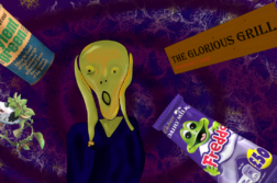 A depiction of the character from Edvard Munch's "The Scream" is in the foreground of a vortex. Things being drawn into the vortex include: A sign for "The Glorious Grill" which also says "permanently closed", a Freddo bar with the price saying £50, a plant/cow hybrid (of Sims fame), and a can of Soylent Green (from the movie of the same name).