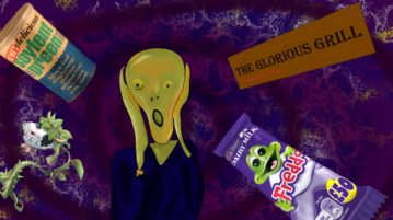 A depiction of the character from Edvard Munch's "The Scream" is in the foreground of a vortex. Things being drawn into the vortex include: A sign for "The Glorious Grill" which also says "permanently closed", a Freddo bar with the price saying £50, a plant/cow hybrid (of Sims fame), and a can of Soylent Green (from the movie of the same name).