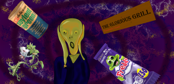 A depiction of the character from Edvard Munch's "The Scream" is in the foreground of a vortex. Things being drawn into the vortex include: A sign for "The Glorious Grill" which also says "permanently closed", a Freddo bar with the price saying £50, a plant/cow hybrid (of Sims fame), and a can of Soylent Green (from the movie of the same name).