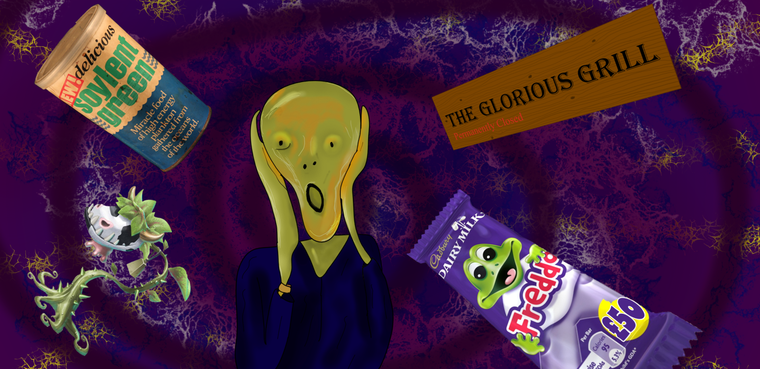 A depiction of the character from Edvard Munch's "The Scream" is in the foreground of a vortex. Things being drawn into the vortex include: A sign for "The Glorious Grill" which also says "permanently closed", a Freddo bar with the price saying £50, a plant/cow hybrid (of Sims fame), and a can of Soylent Green (from the movie of the same name).