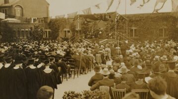 A view of the audience and platform at the opening of the Highfield building in 1919.