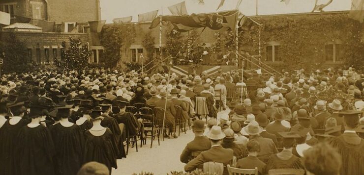 A view of the audience and platform at the opening of the Highfield building in 1919.