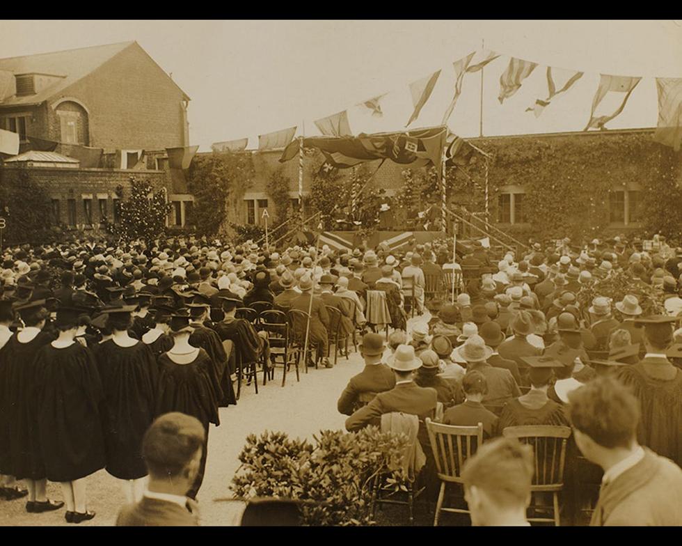 A view of the audience and platform at the opening of the Highfield building in 1919.