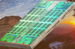 A TSMC produced chip in front a split background of the Sonoran desert and a mountainous area north of Taipei.