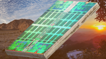 A TSMC produced chip in front a split background of the Sonoran desert and a mountainous area north of Taipei.