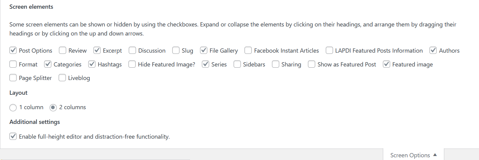 A picture of the screen options tab menu. The following are ticked:Psot options, excerpt, file gallery, authors, categories, hashtags, series, and featured image.